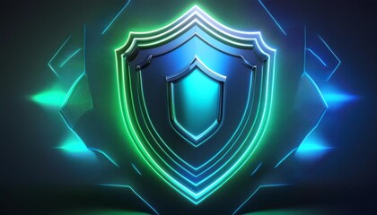 Fototapeta premium A glowing, futuristic shield icon with vibrant neon colors, symbolizing protection, security, and technology.