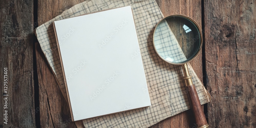 Leinwandbilder Blank notebook on checkered fabric next to magnifying glass on rustic wooden background, emphasizing simplicity and exploration in design composition.