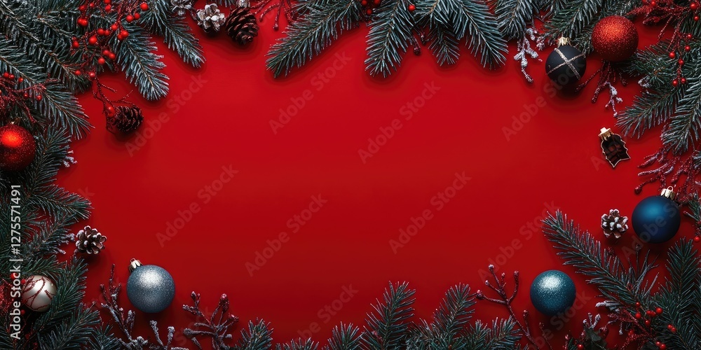 Aufkleber festive holiday background with green pine branches and red ornaments on a bright red backdrop, crea