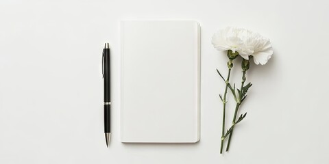 Minimalist composition featuring a blank notebook, a black pen, and a white carnation flower on a pristine white background, top view layout.
