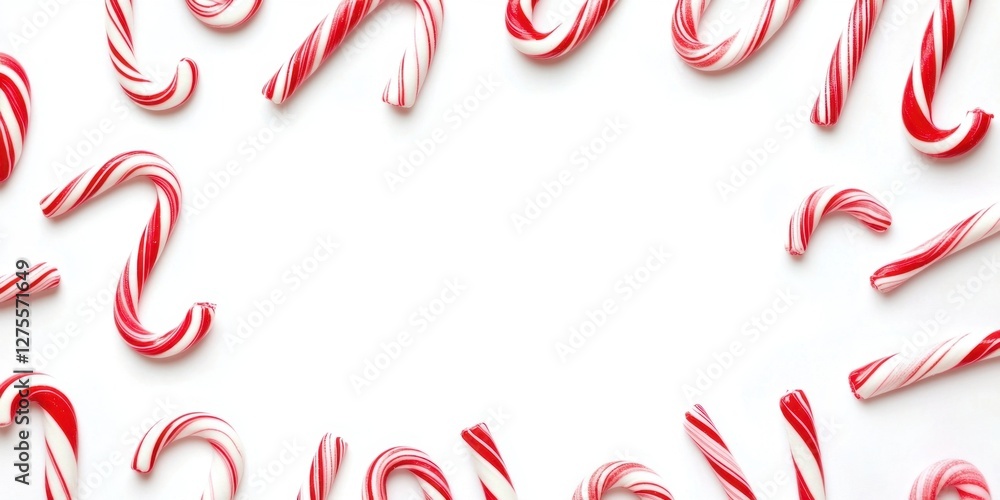Poster festive candy cane pattern in red and white arranged on a bright white background creating a cheerfu