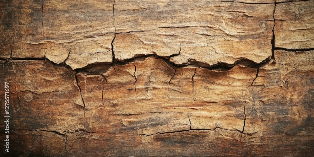 Aufkleber textured aged wooden surface with deep cracks in rich brown tones, horizontal orientation, showcasin