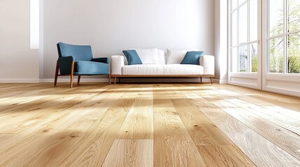 Modern Living Room Hardwood Floor Design with White Sofa and Blue Armchair