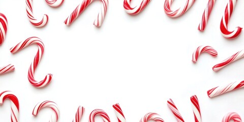 Festive candy cane pattern in red and white arranged on a bright white background creating a cheerful Christmas themed frame.