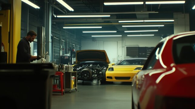 A car dealership’s service bay with a mechanic inspecting a car engine. Featuring expertise and trust