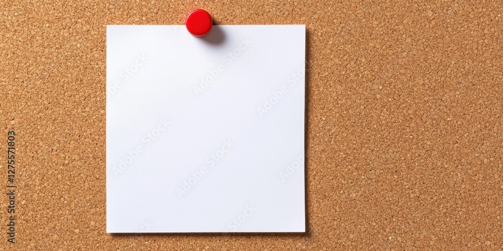 Aufkleber Empty white paper pinned to cork board with red push pin, surrounded by a rustic wooden frame, showcasing a clean and minimalistic workspace concept.