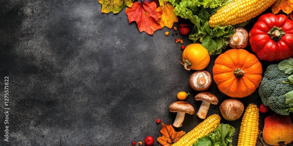 Poster vibrant assortment of autumn vegetables and colorful leaves arranged on a textured dark background w