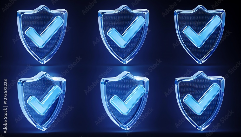 Poster six illuminated shields with check marks represent security and validation in a modern digital desig