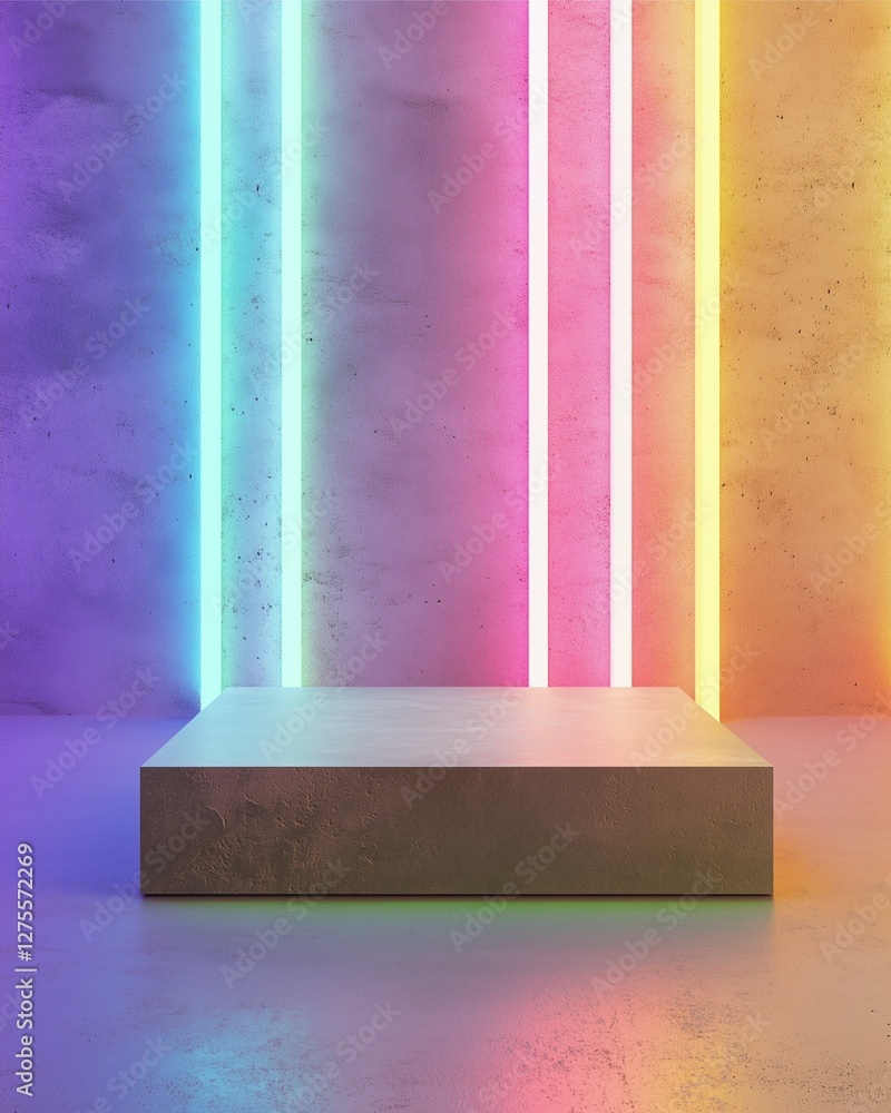 Poster neon podium: a modern pedestal illuminated by vertical neon lights in an array of vibrant colors, ca