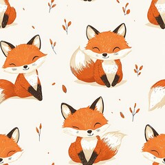 Seamless pattern featuring hand-drawn cartoon baby foxes and leaves in a playful design style
