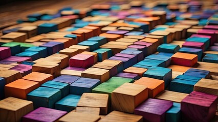 A colorful arrangement of small, rectangular wooden blocks,