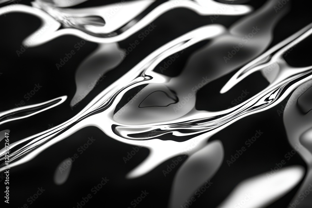 Poster an abstract and modern monochrome background featuring dynamic fluid waves, with reflective metallic