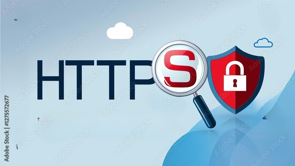 Poster a visual representation of https security, featuring a magnifying glass and a shield with a lock, sy