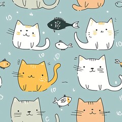 Seamless pattern of various doodle style cats and fish on a light background