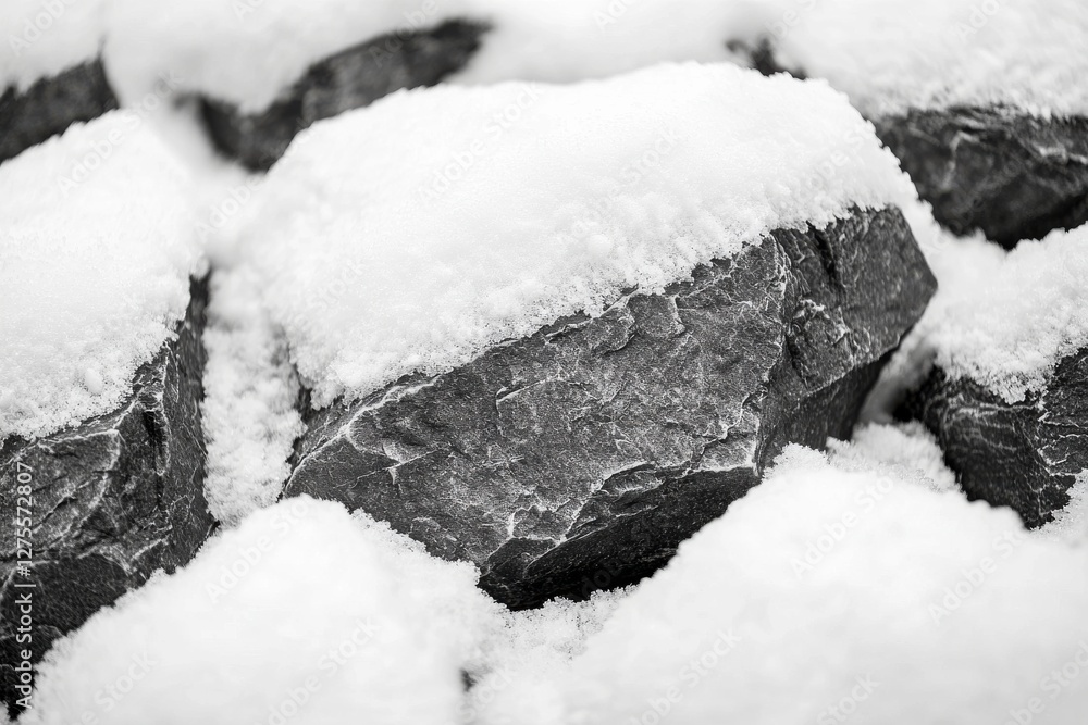 Poster monochrome capture showcases rocks partially covered in pristine white snow, creating a textured con