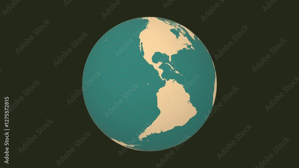 Poster spinning earth. tilted sphere view. fast speed planet rotation. solid color style. world map with de
