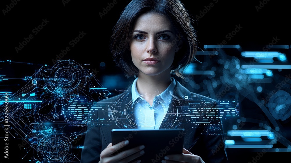 Poster digital visionary: a sophisticated woman, poised and confident, holds a tablet with an advanced inte
