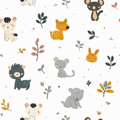 Cute minimalist seamless pattern with hand-drawn animals and leaves in a repeating design