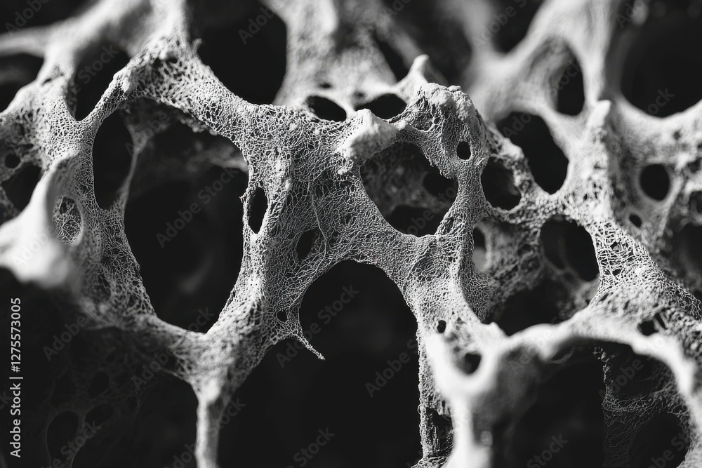 Poster a close-up black and white texture reveals a complex network of porous structures, creating a mesmer