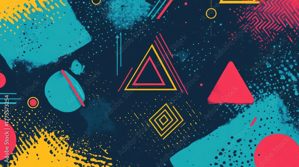 Poster vibrant geometric shapes on dark background with colorful patterns