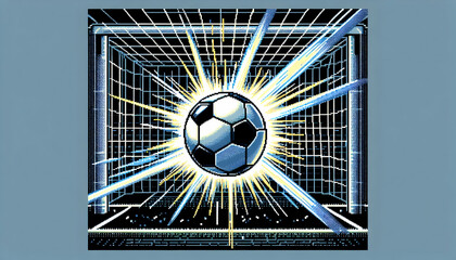 American Football A retro-style digital artwork of a soccer ball smashing into the net, using pixel...