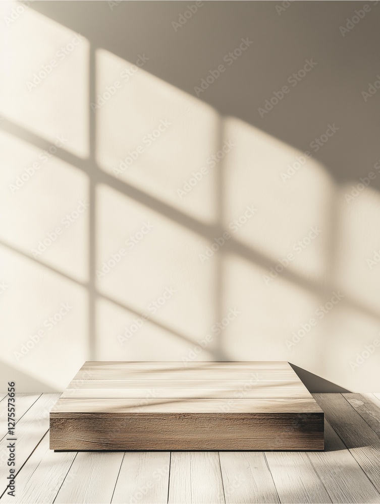 Poster minimalist podium with shadow play: a simple wooden podium stands bathed in the sunlight filtering t