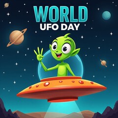 Celebrate World UFO Day with Fun Alien and Spaceship Illustration