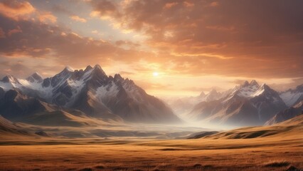 A dramatic mountain landscape at sunset,