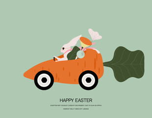 Cute bunny with a carrot car and flowers on the nature. Easter greeting card concept.