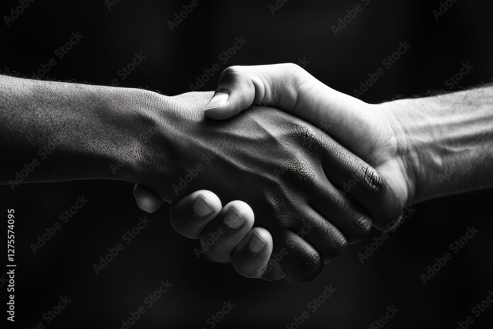 Poster a striking monochrome image capturing the essence of unity and partnership through a strong handshak