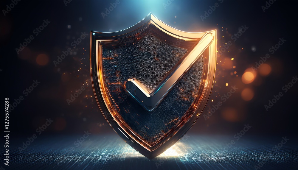 Poster a glowing shield with a checkmark symbolizes security and trust, set against a dark background with 
