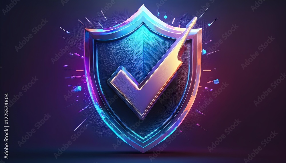 Poster a vibrant shield icon with a check mark, symbolizing security and trust, enhanced by dynamic lightin