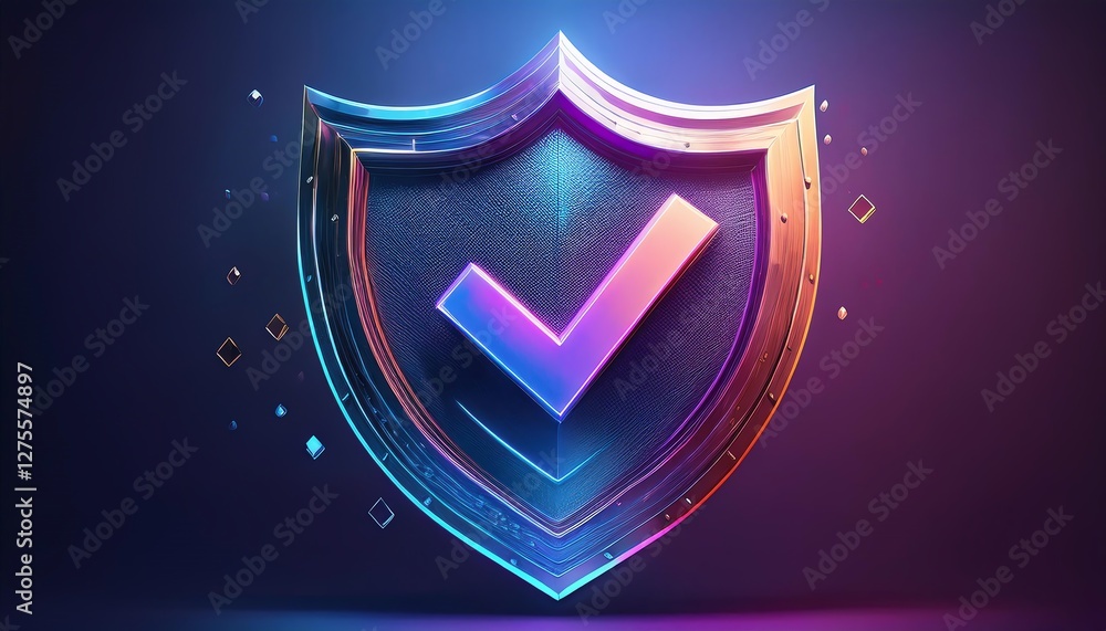 Poster a vibrant shield icon with a checkmark, symbolizing security and trust, illuminated with colorful li