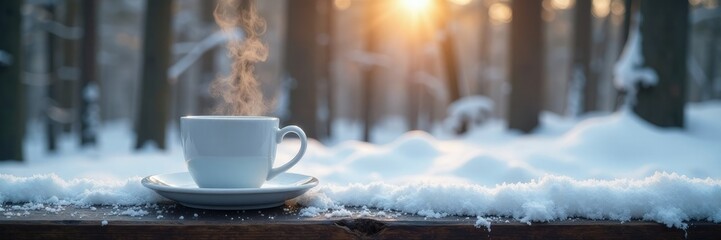 Snowy landscape with a steaming cup of coffee on a wooden bench, woods, coffee cup