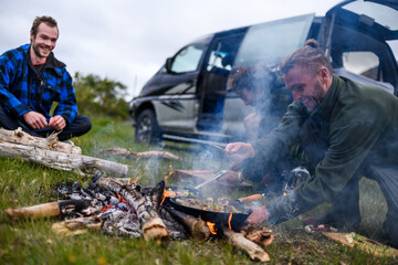 Friends hike and fly paragliding adventure in New Zealand mountains