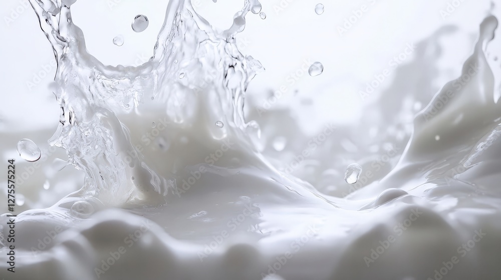 Poster dynamic splash of milk creating ripples and droplets against a soft white background