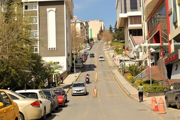 Istanbul, Turkey: Steep ascent traffic road, uphill asphalt road in European istanbul.