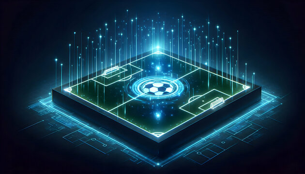 American Football A futuristic holographic-style soccer field, glowing neon blue against a dark background, resembling2 - Powered by Adobe