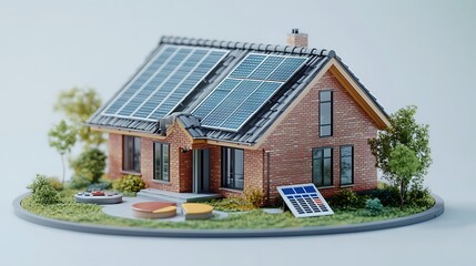 Obraz premium Eco-Friendly House with Solar Panels and Financial Tools, 3D render of a red brick house with solar panels
