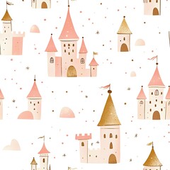 Hand-drawn seamless pattern featuring tiny castles and stars in a whimsical design