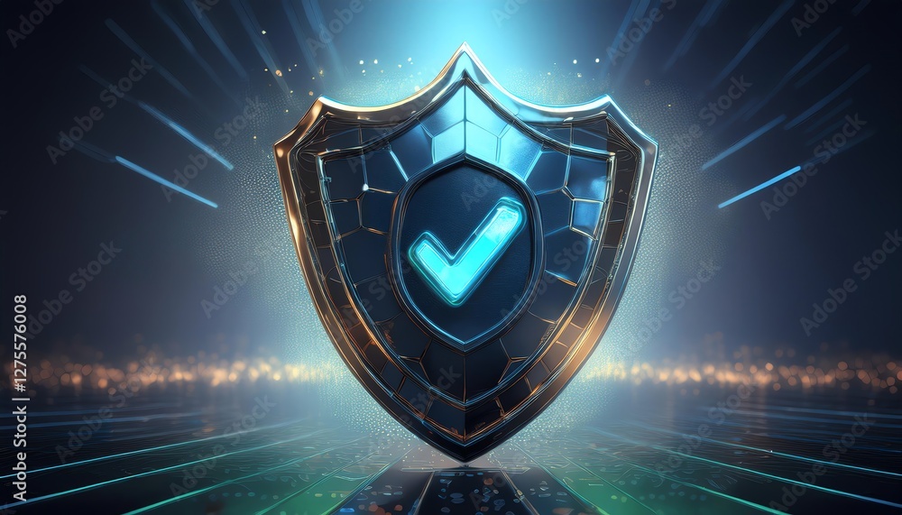 Poster a futuristic shield with a checkmark symbolizes security and trust in digital environments.