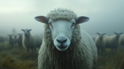 Fototapeta premium Close-up of a sheep with thick wool staring directly at the camera, surrounded by a herd in a grassy field.