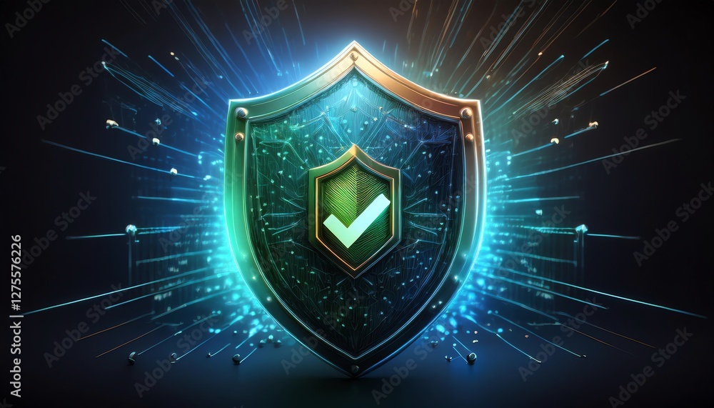 Poster a glowing shield with a checkmark symbolizes protection and security in a digital context, radiating