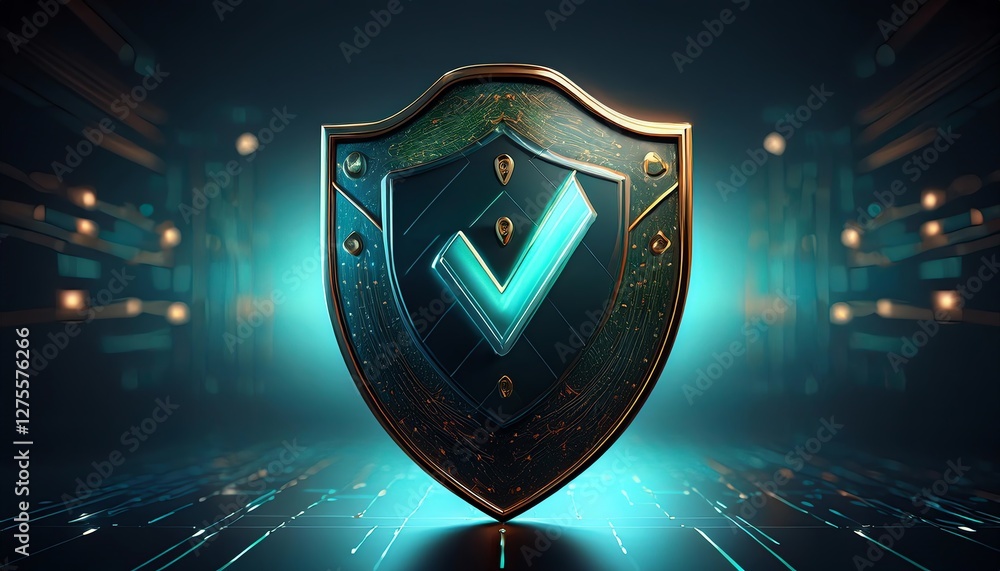 Poster a digital shield with a checkmark, symbolizing security and protection, illuminated by a glowing blu
