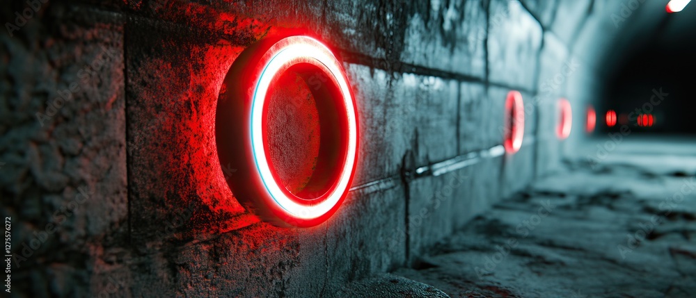 Poster a dimly lit tunnel featuring glowing red circular lights embedded in the wall, creating a sci-fi atm