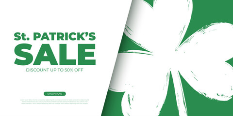 St. Patrick's Sale. Commercial banner with brush stroke lucky clover for Patricks Day holiday shopping promotion and sale advertising. Vector illustration.