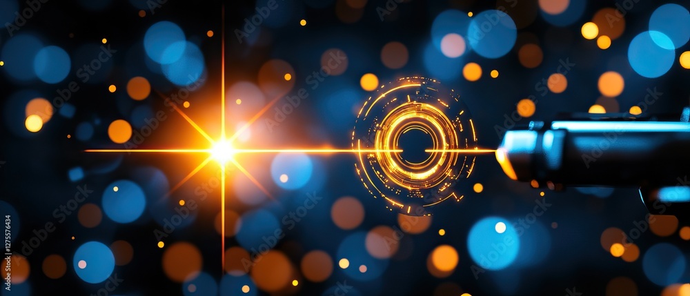 Poster a vibrant depiction of a futuristic weapon emitting a bright energy blast, surrounded by colorful bo