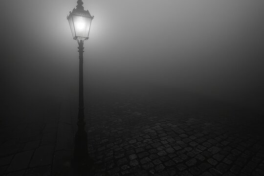 Fototapeta A solitary lamppost casts a soft glow through the heavy fog, illuminating a cobblestone street in a haunting, monochromatic scene, creating mystery.