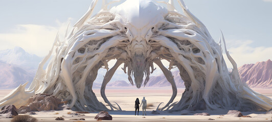 a white dragon scorpion protecting a portal with people going through it, ai generative
