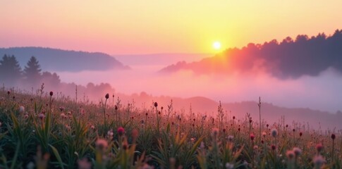 Soft morning mist rises over a serene landscape with a light yellow and violet gradient background defocused for a dreamy effect, nature, sunrise